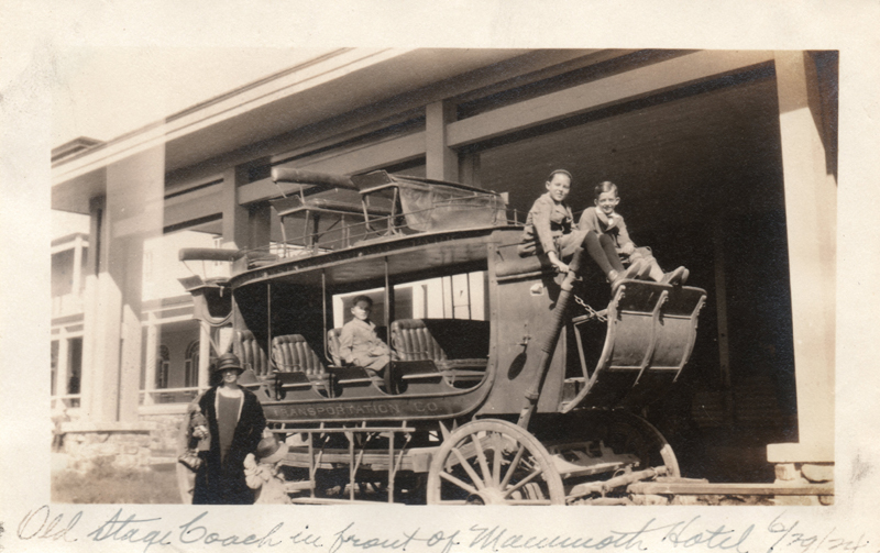 1924r2_Old_stagecoach_in_front_of_Mammoth_Hotel_Edith_Lorna_Stan_Lind_unkn_29Jun1924