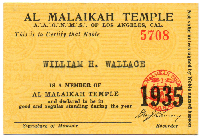 1935c1_Wm_H_Wallace_Al_Malaikah_Temple_membership_card_1935
